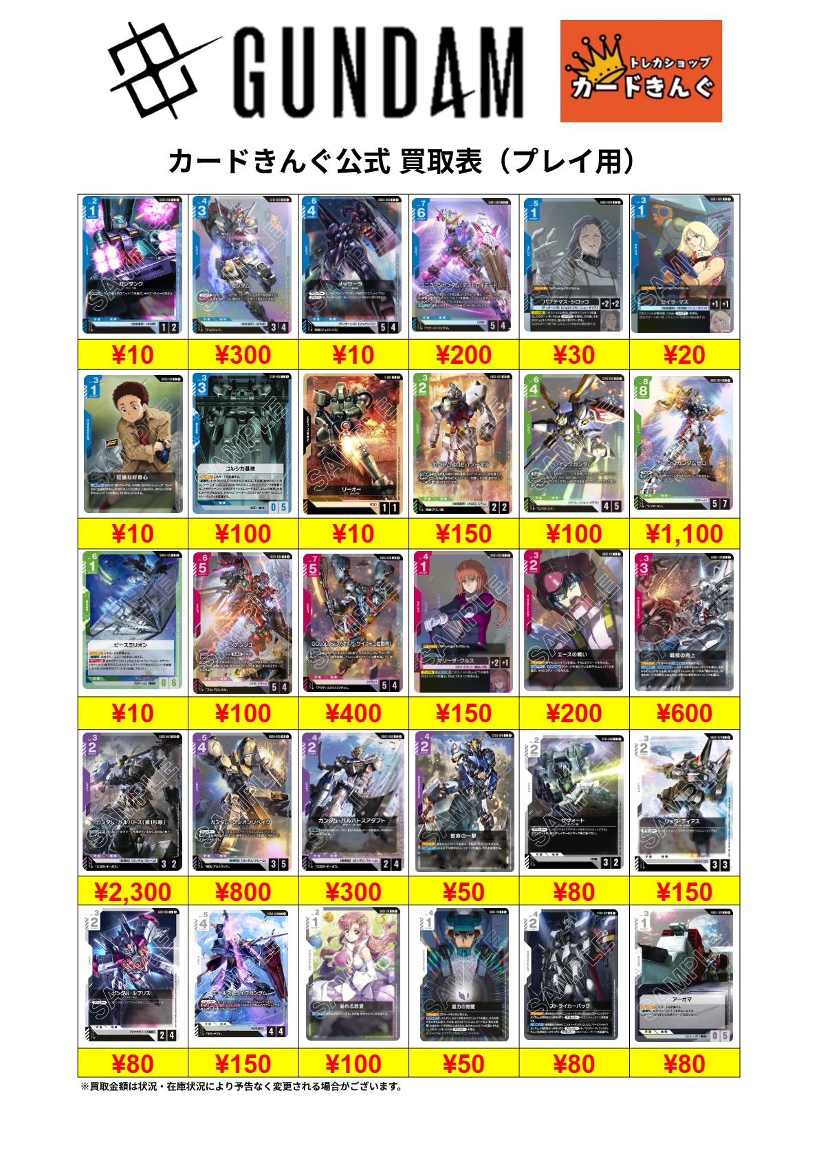 ガンダム – プレイ用 買取表