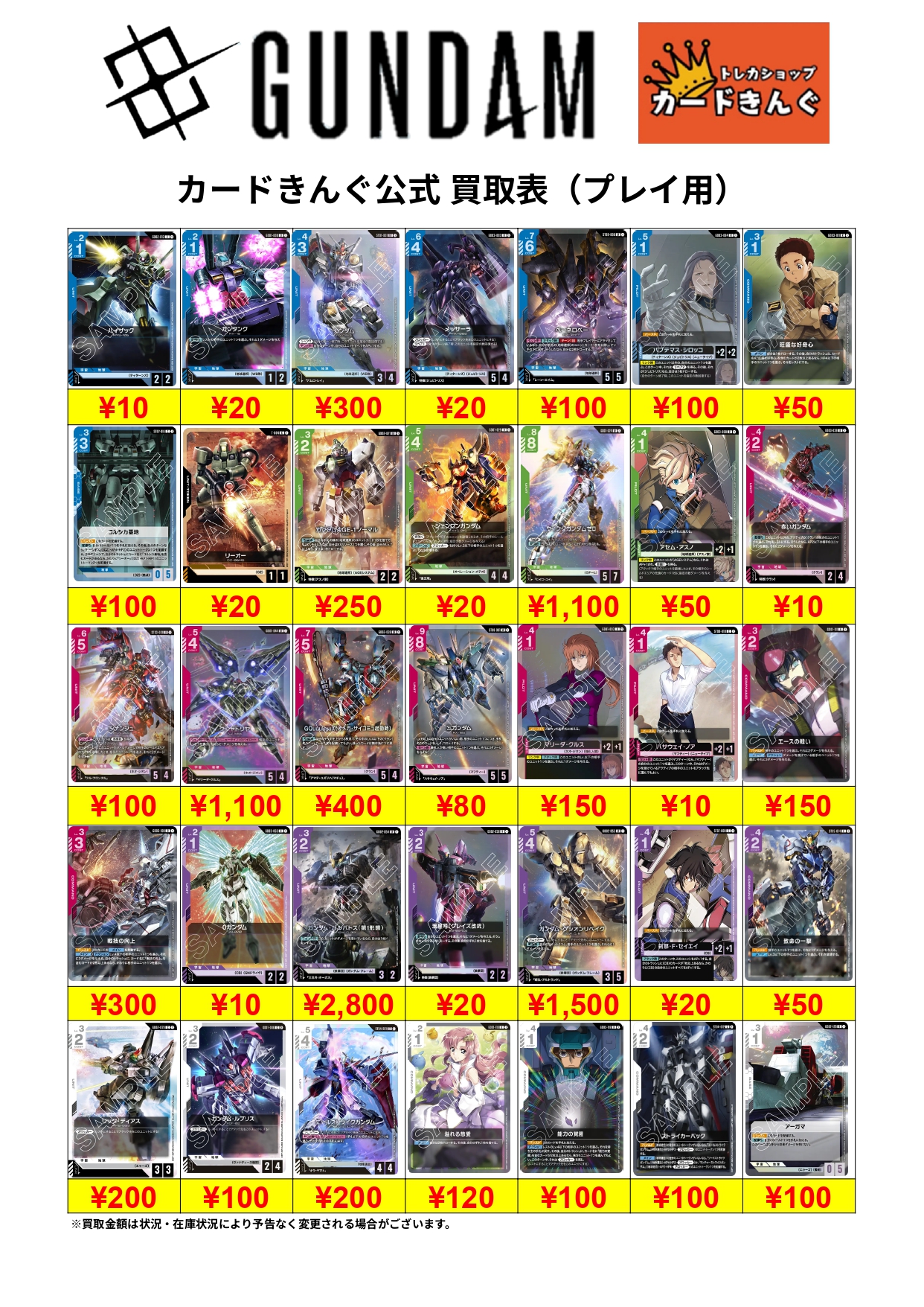 ガンダム – プレイ用 買取表
