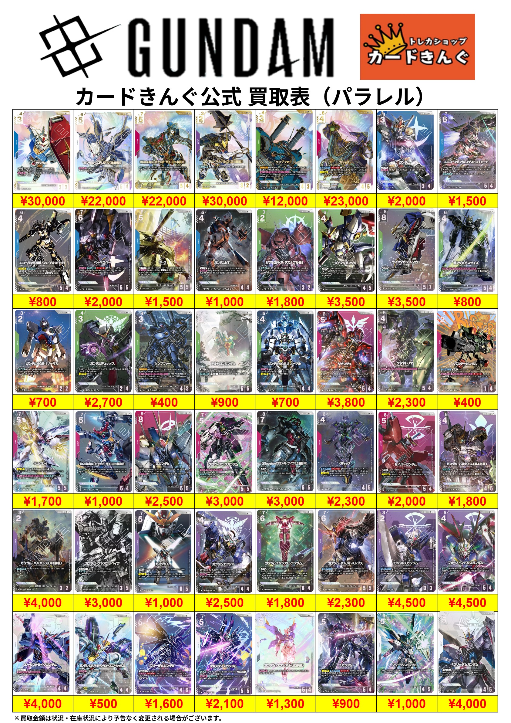 ガンダム – パラレル 買取表