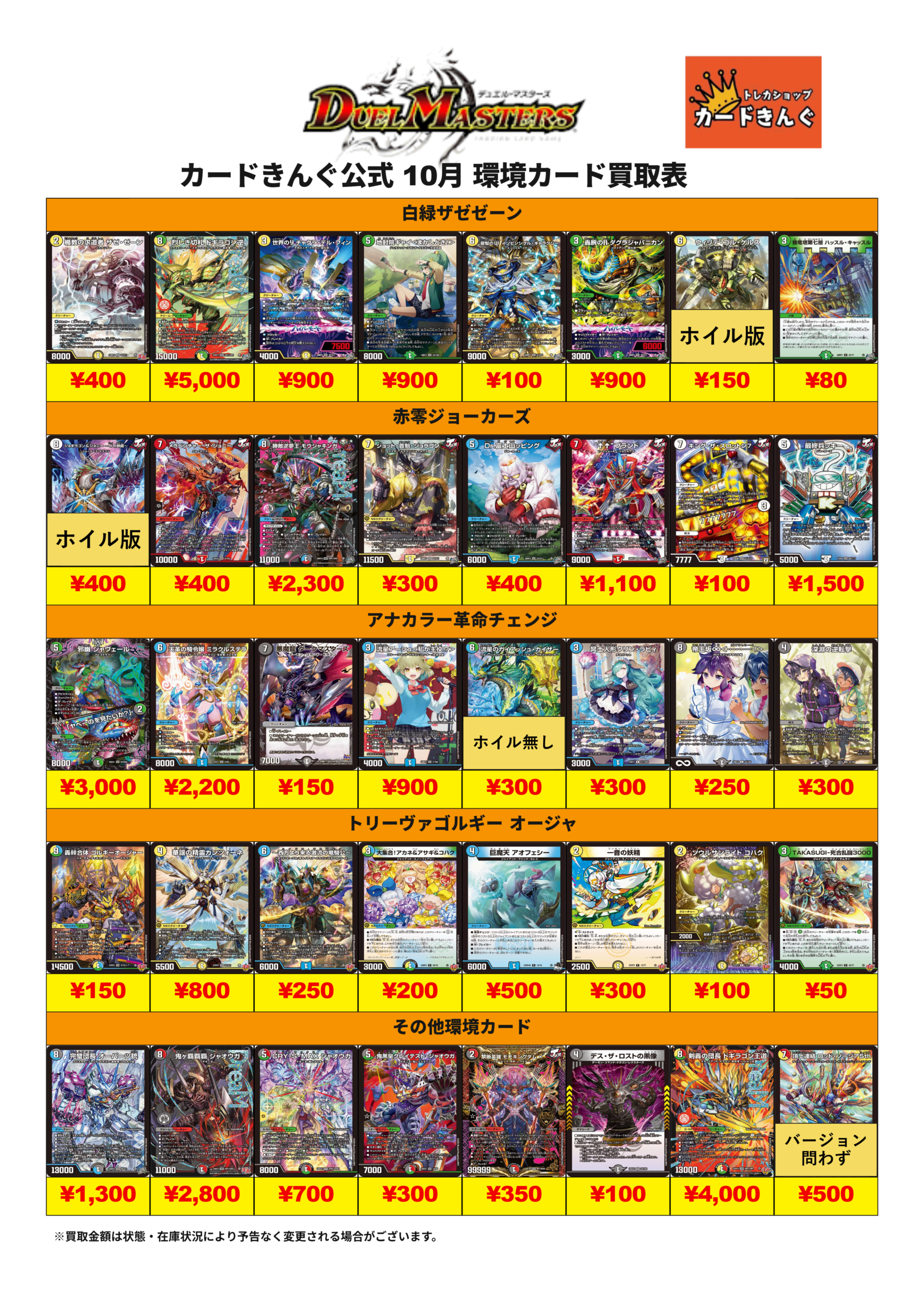 デュエマ 環境デッキパーツ 買取表