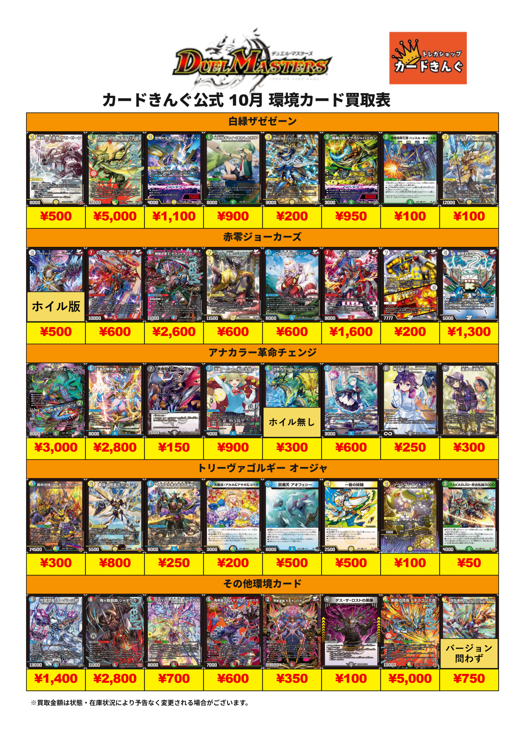 デュエマ　環境デッキパーツ　買取表